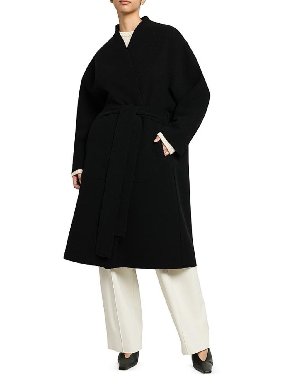 NWT Armarium Perla Black 100% Virgin Wool Belted Long Coat